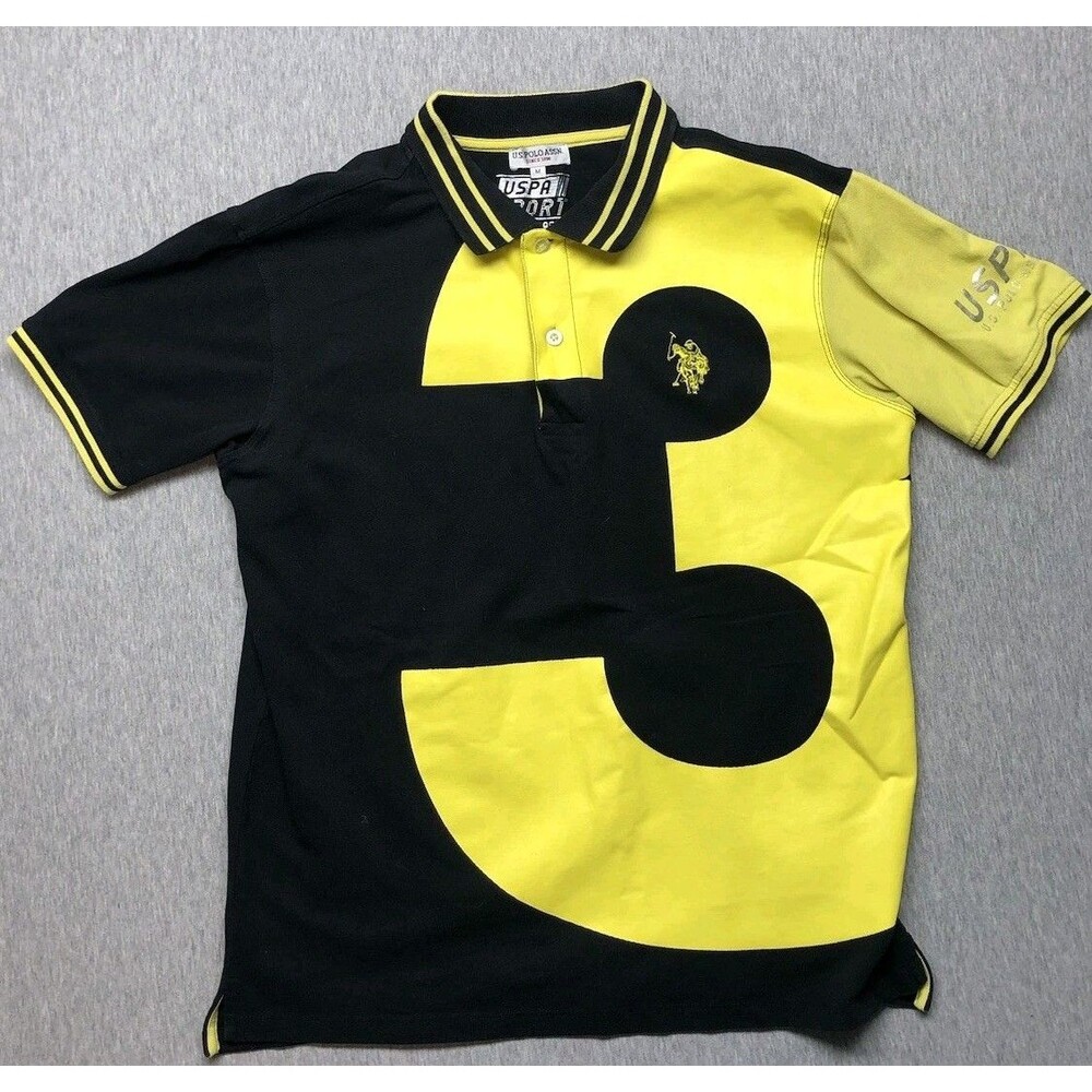 U.S. Polo Assn Men's Polo Shirt Black And Yellow AOP Number 3 SIZE MEDIUM